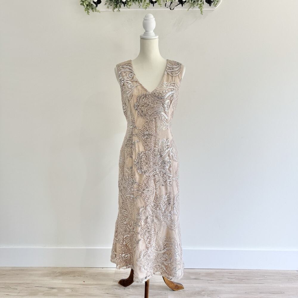 Marina Nude Fully Sequined Midi Dress Cocktail Formal Size 12 CP